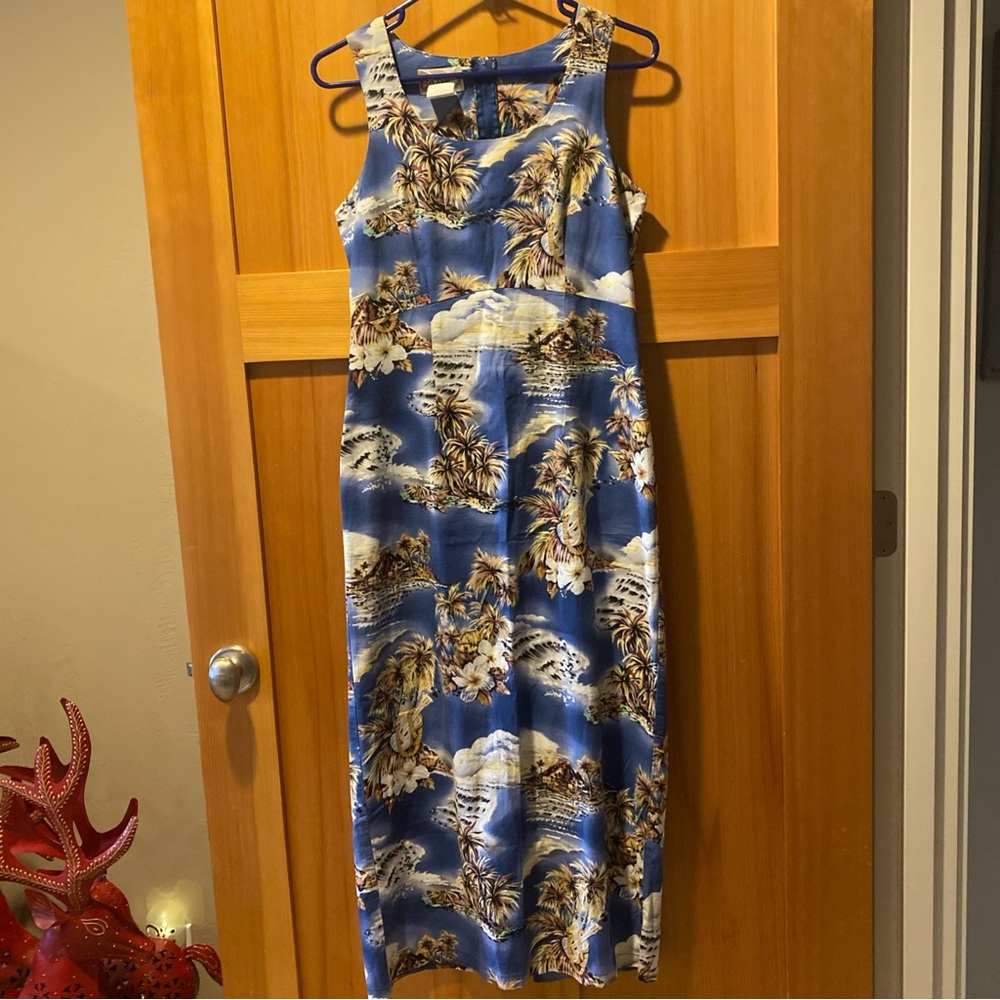 Hilo Hattie Blue Tropical Print Maxi Dress with Cream and Brown Accents